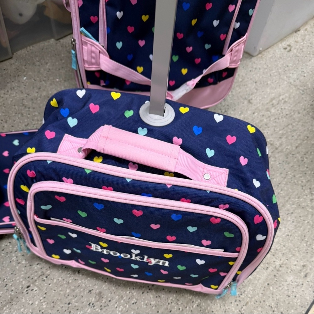 Pottery Barn Kids Navy Heart Print Rolling Luggage with Pink Trim